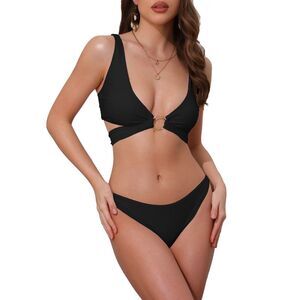 O Ring Cut Out 2 Pieces Tie Back Triangle Bottom Bikini Sets Black